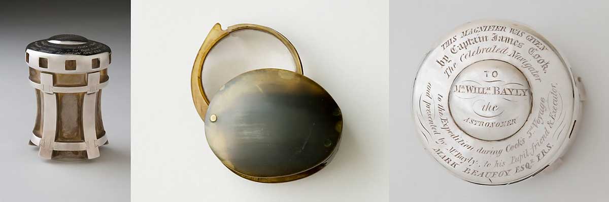 Composite of three images including a metallic object with inscribed top, magnifier, detail of inscription.