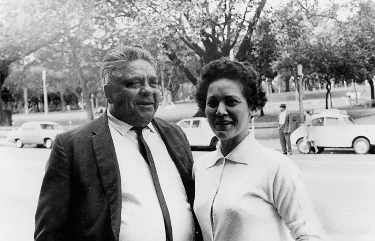 Black and white photo of Joe McGinness and Dulcie Flower.