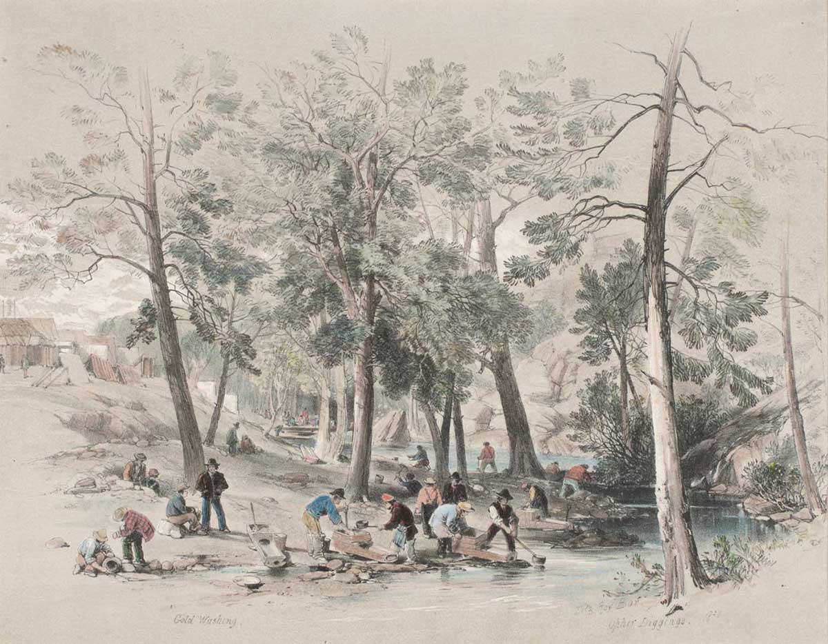 A painting of a group of men working by a river, with tents in the background.