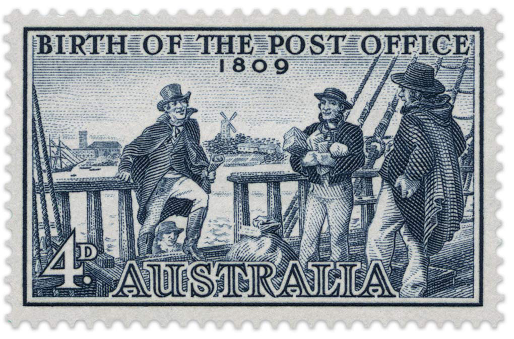 Stamp shows main in top hat boarding ship with Sydney town in the background. Two sailors are waiting. Text reads Birth of the Post office 1809.