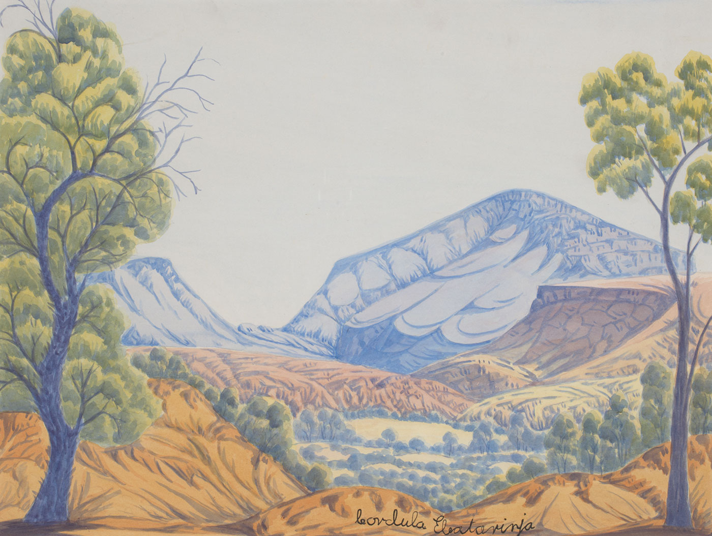 A watercolour painting on board of a landscape featuring two blue trees with green and yellow leaves with two blue mountains in the background.