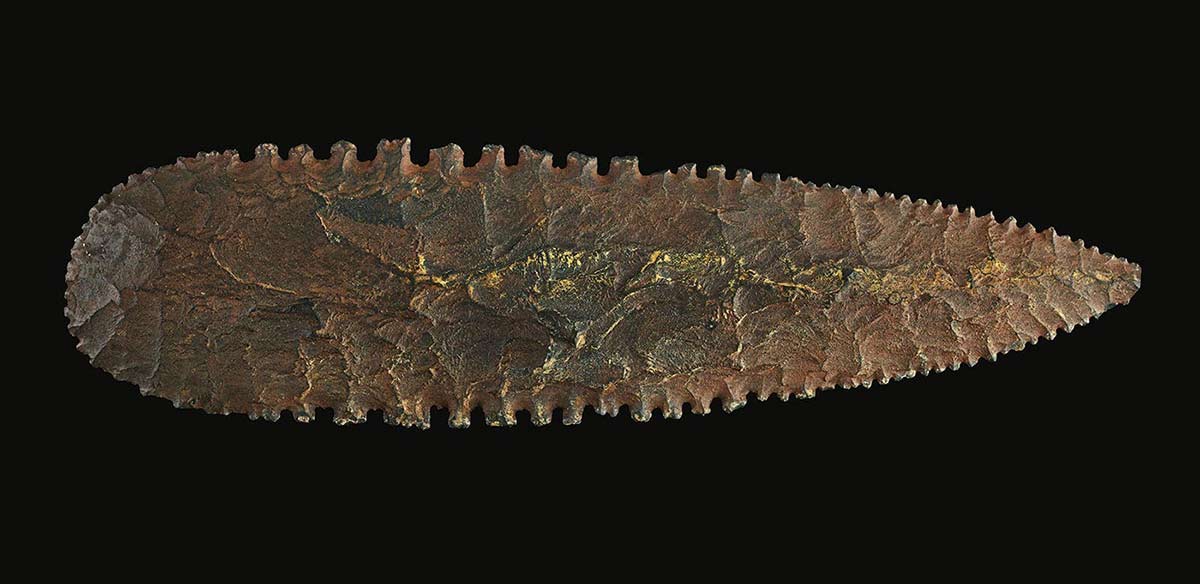 Stone spearhead flaked on both sides with serrated edges, rounded base and a sharp point at the opposite end.