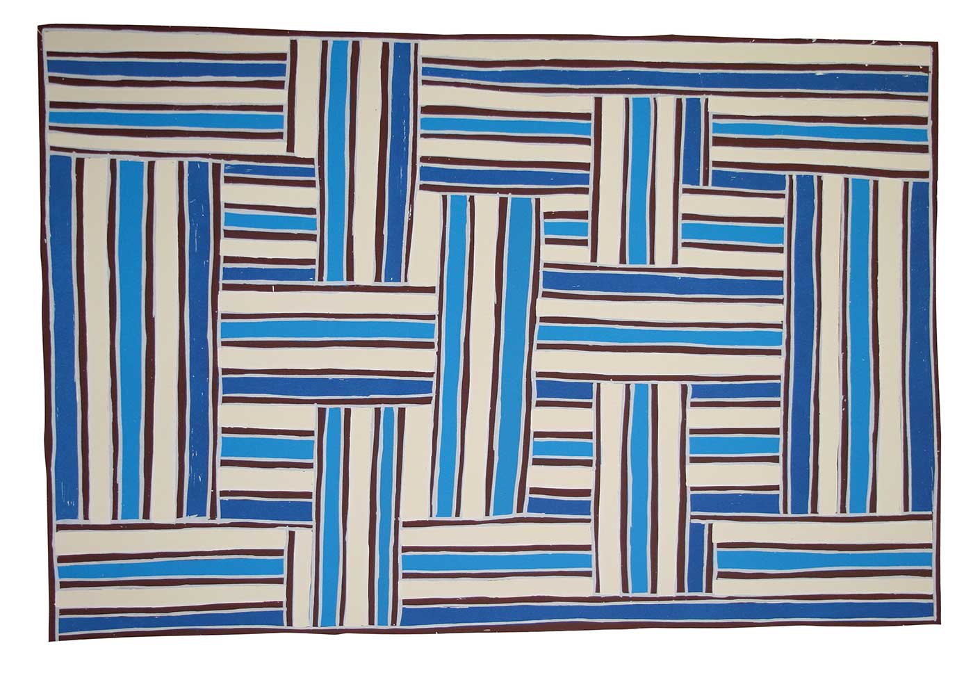 An silkscreen print by an Australian Indigenous artist. The print features many lines in dark and light blue as well as white. The lines form segments which are placed at right angles to other segments. The print is in landscape format; its horizontal sides are longer than its vertical sides.