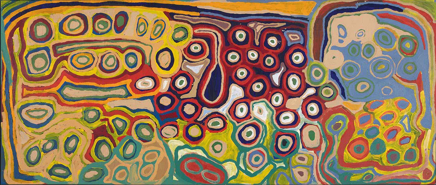 An acrylic on canvas line and circle painting. It features a dark blue oval in the centre. The rest of the painting illustrates clusters of concentric ovals and circles.
