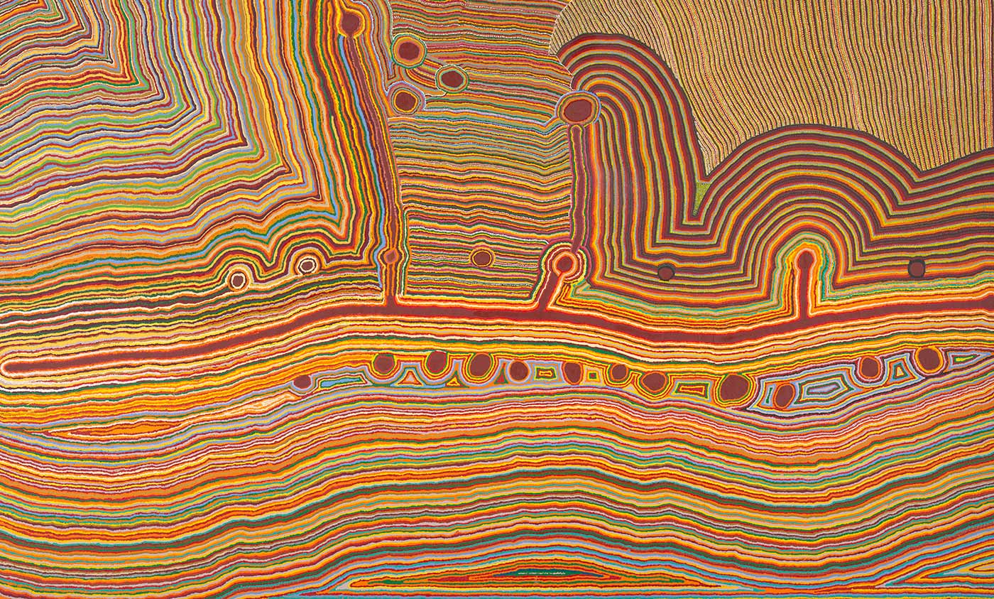 A multicoloured acrylic painting on canvas, depicting an aerial veiw map of the artist's landcape. The artwork has a yellow, orange, red, blue, and green line design with circular details and a central red band.