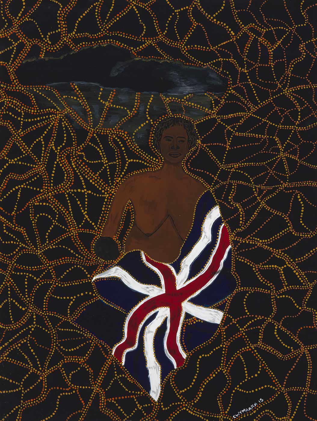 An ochre and acrylic painting on canvas showing an Aboriginal woman and her baby partially wrapped in a British flag bearing the Union Jack. An island painted in black is visible behind the woman. The entire background is painted black and is over painted with dotted lines of yellow and orange. The artists signature 'CWYMARRA 15' is painted in white in the lower right corner.