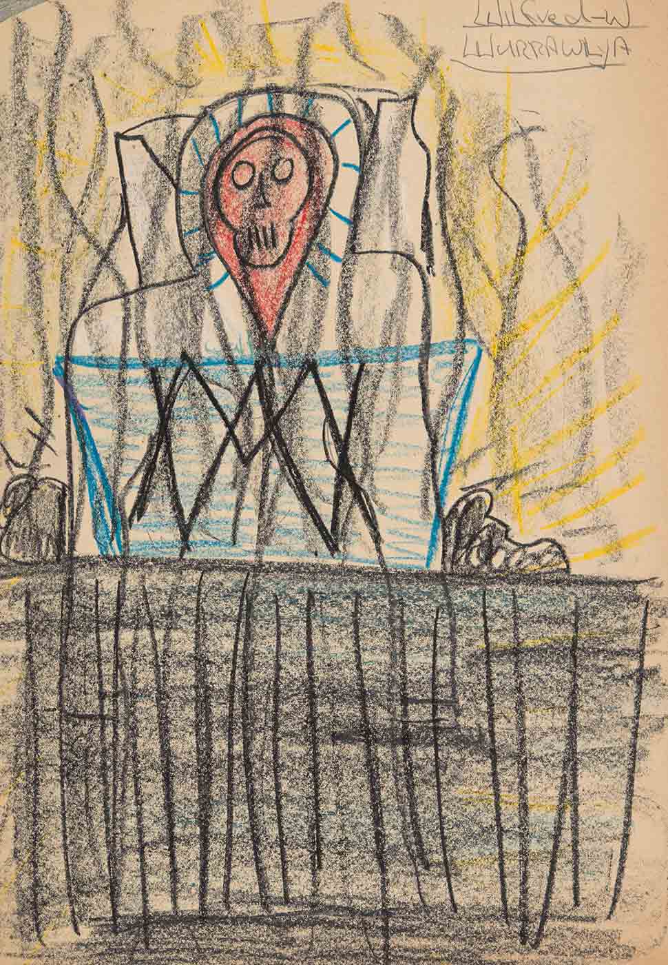 Drawing of a figure with a skull.