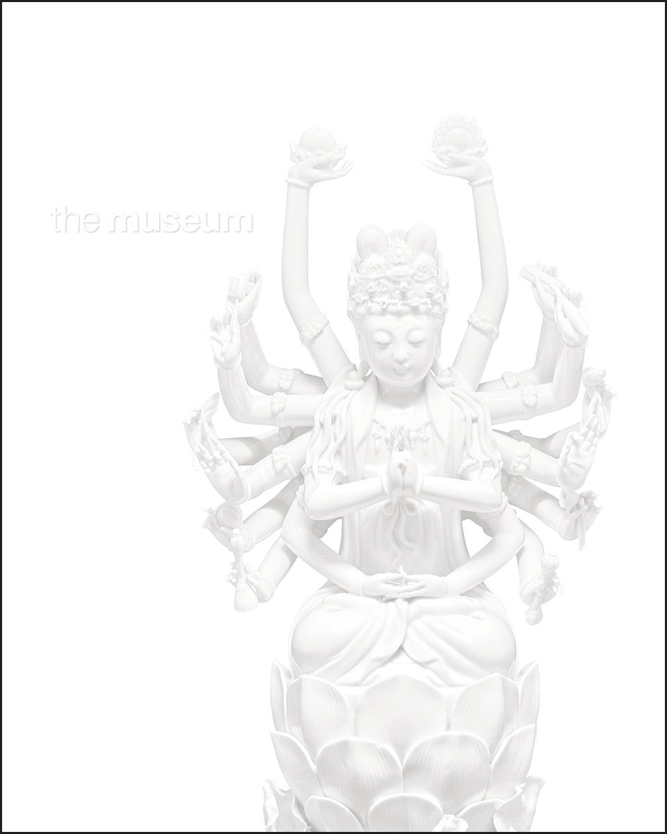 White magazine cover showing almost while detail image of Porcelain figure of Guanyin with 18 arms, seated on a lotus, about 1700–22. Bequeathed by Patrick J Donnelly. © Trustees of the British Museum, 2023