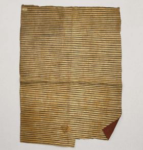 Barkcloth kapa Thick grooved barkcloth, dyed red on one side and a light colour pattern with parallel black lines on the other.