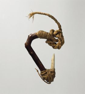 Fishhook matau Fishhook with wooden shank, bone point, and lashing of twisted cords of plant material.