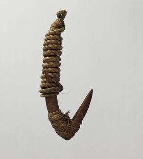 Fishhook matau Two-part fishhook made of wood, with twisted cord, and lashing made of plant material.