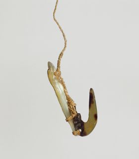 Fishhook mata’u Fishhook with mother-of-pearl shank, the hook made of tortoiseshell, both secured together with plaited cord of plant fibre to form the line.