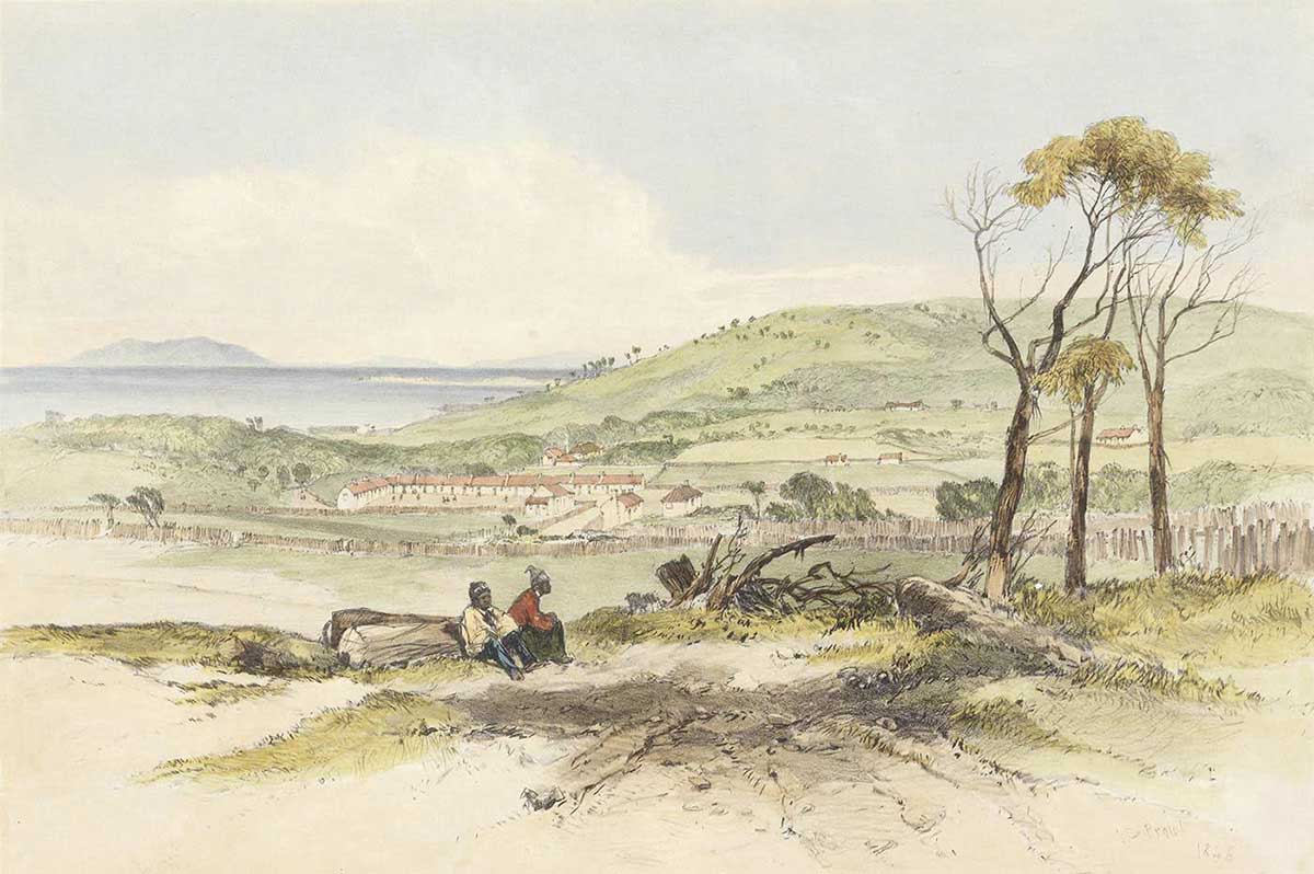 Watercolour showing two Aboriginal people sitting in a clearing with a small settlement in the background and the sea beyond.