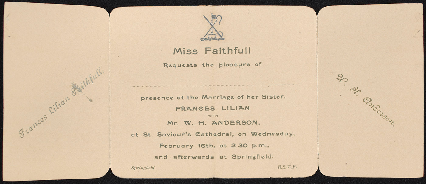 A printed invitation to the wedding of Frances Lilian Faithfull and William Hugh Anderson.