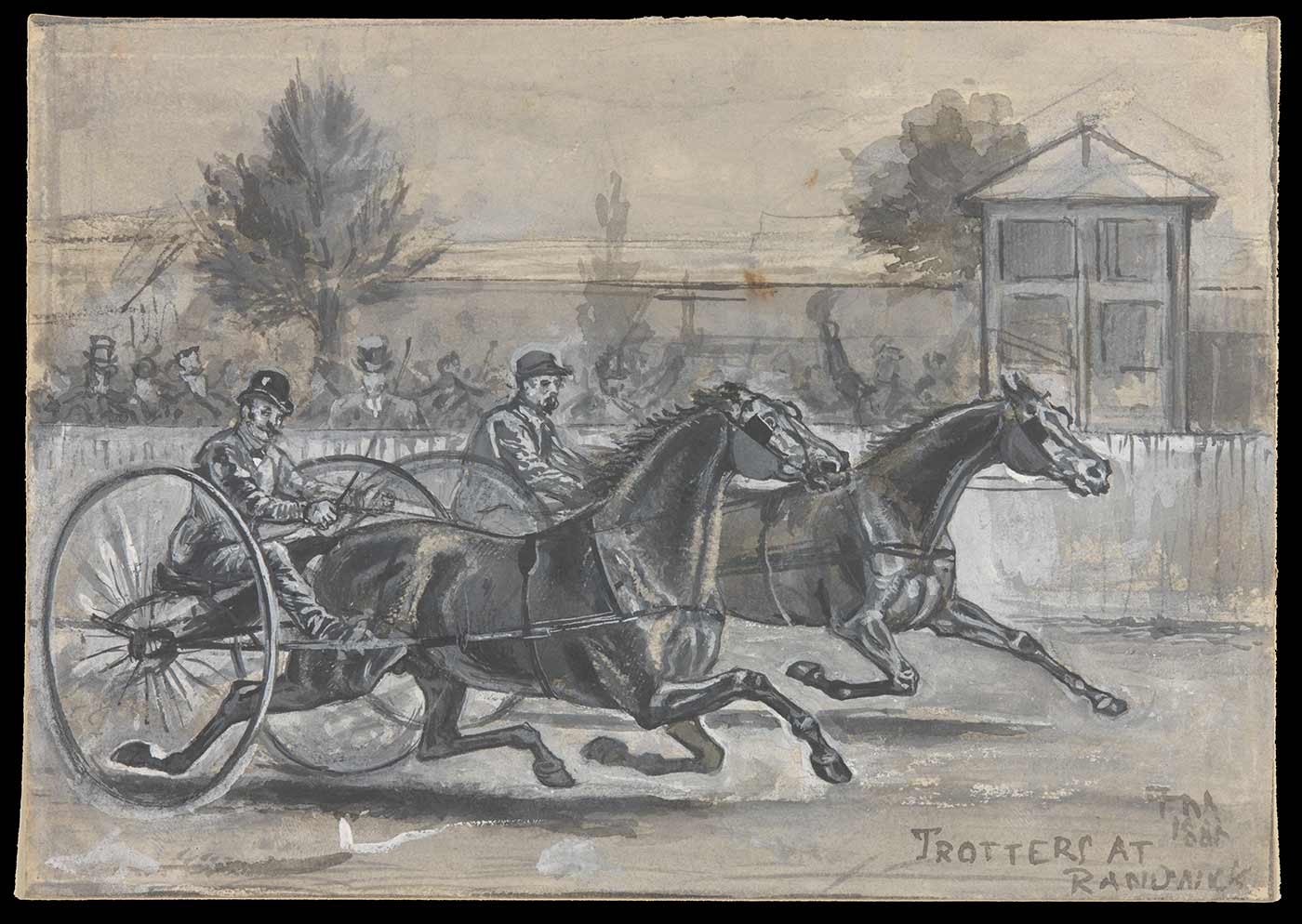 Black and white drawing showing two men in carts being pulled by racehorses.