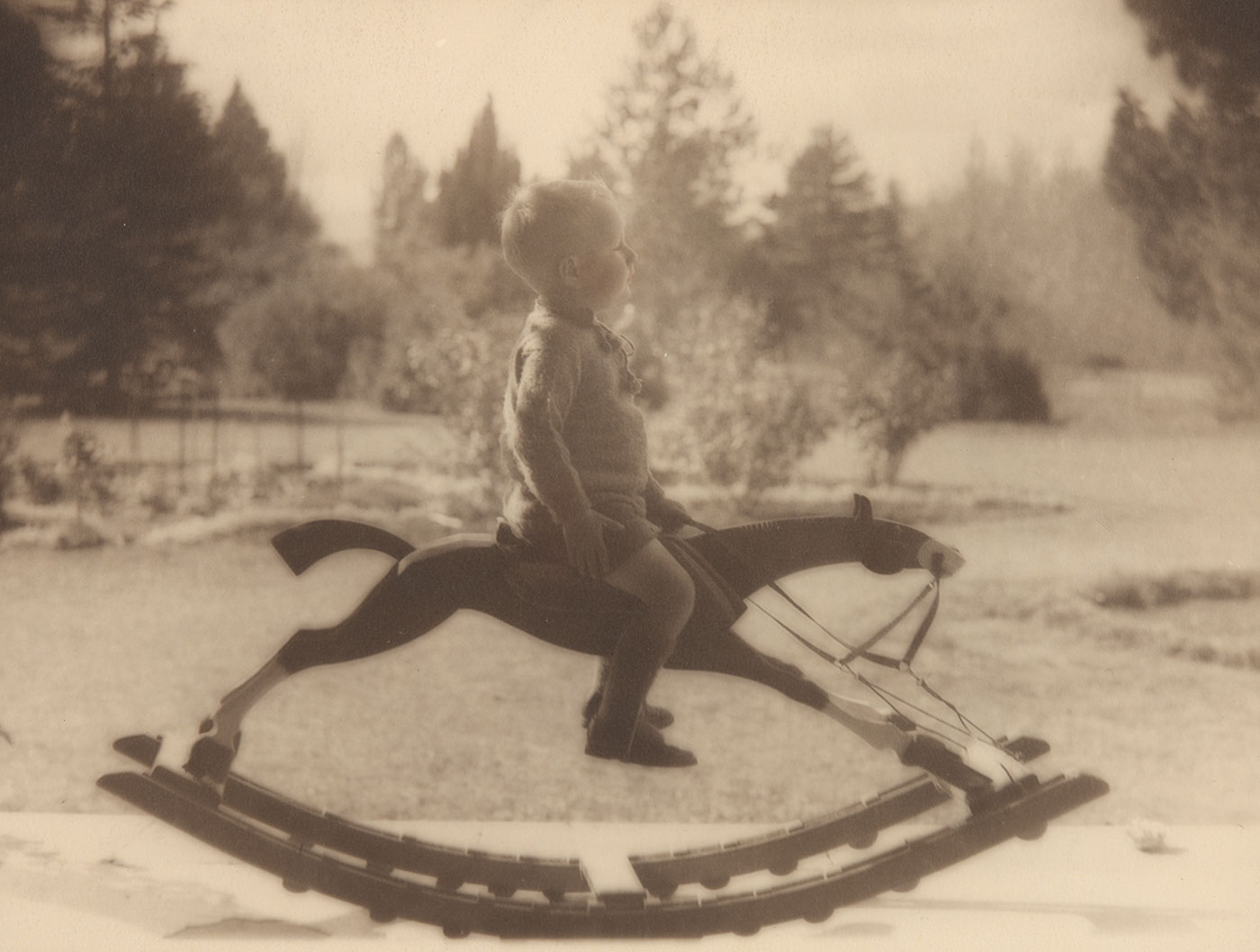 Black and white photo of a young boy on a rocking horse.