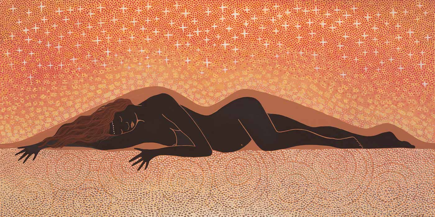 An acrylic painting on stretched canvas. It features a picture of a woman laying down on her side in the landscape with patterned dots above and below her. Behind her is the silhouette of a hill. Stars can be seen above the figure and concentric circles below.