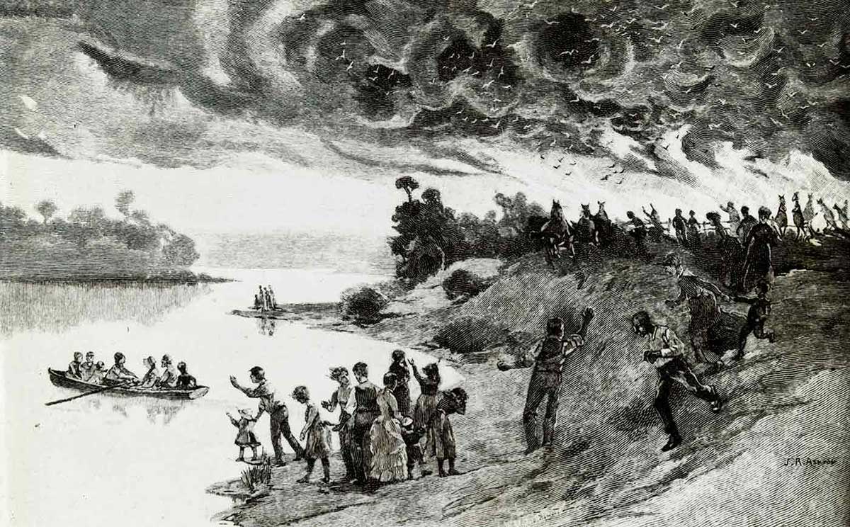 Artwork of a scene with a crowd of people fleeing from fire and smoke in the bush. There are people standing on the banks waving to others that are heading in their direction and also others that are escaping on a row boat. In the distance, in the direction of the fire, kangaroos can be seen.