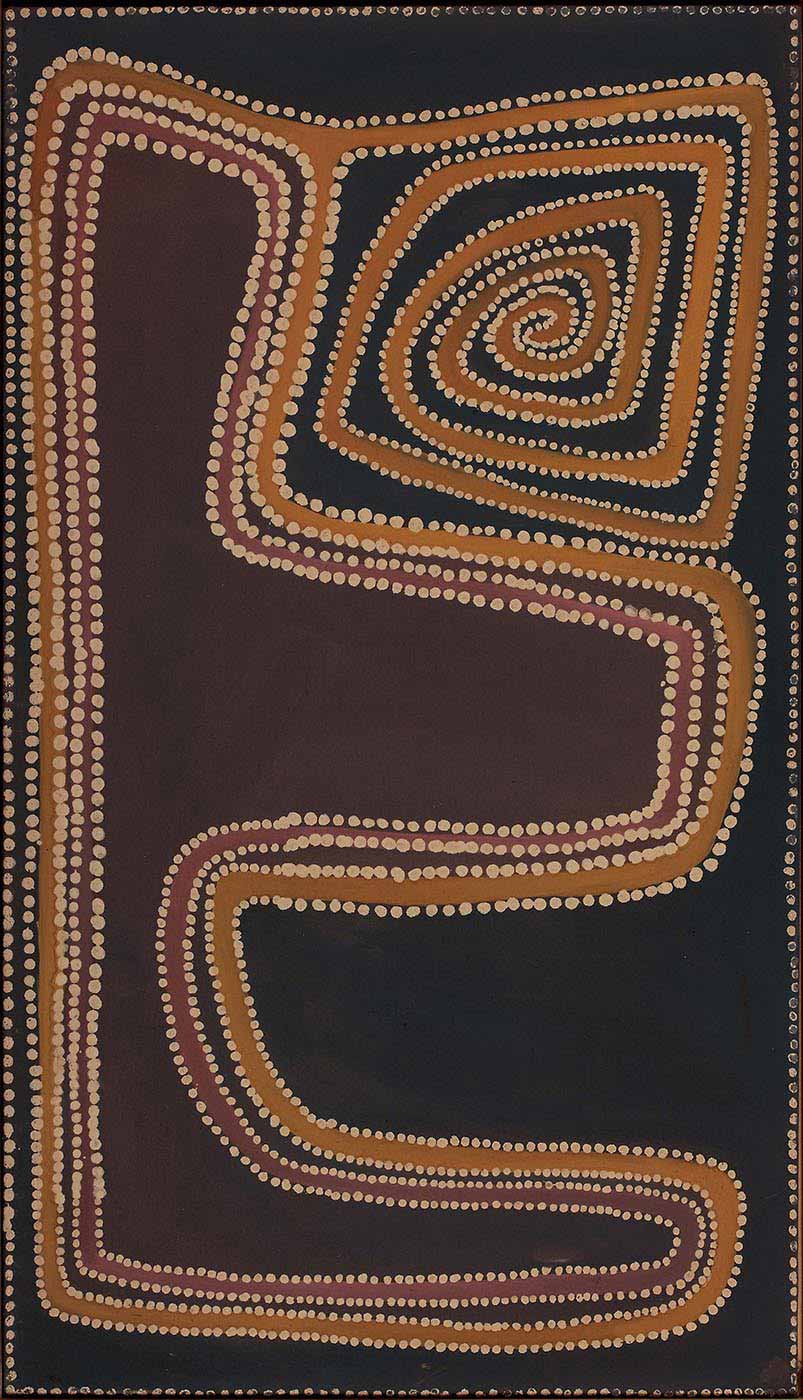 An ochre on stretched canvas white dot and line painting with a black background. A yellow and pink line is painted around the artwork, bordered by white dots. The yellow like spirals in the lower left corner.