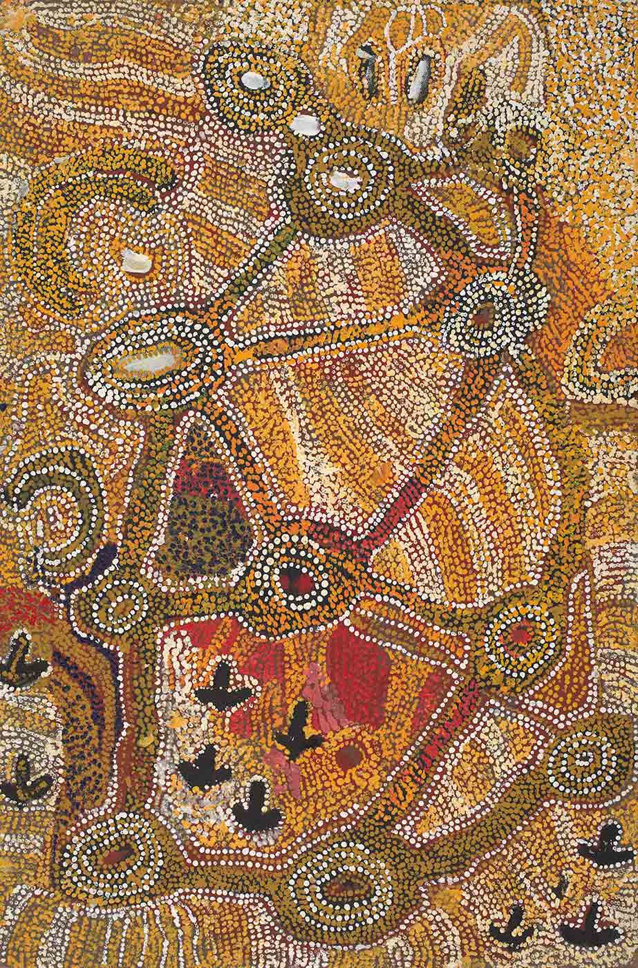 An acrylic on canvas stretched dot and line painting. The artwork has a red background, white and yellow dots and has a network of black lines that join at black circles. The black lines have yellow dots painted across them. Three groups of black arrows (bird tracks) are painted at the lower section of the work.