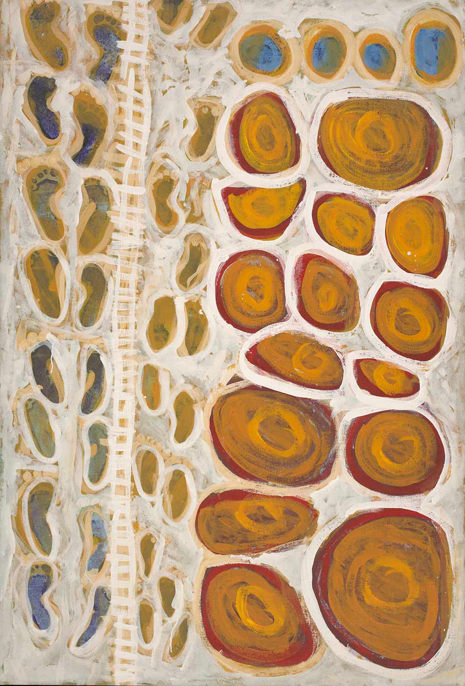 An acrylic painting featuring 15 orange and red coloured concentric circular shapes at the top half of the painting. There are four blue circles on the left hand side of the top of the painting. Below the circles is a row of foot prints with a white cross hatch design that looks like a fence below them and then more foot prints below that. The background is painted white and there is a white outline around each feature.