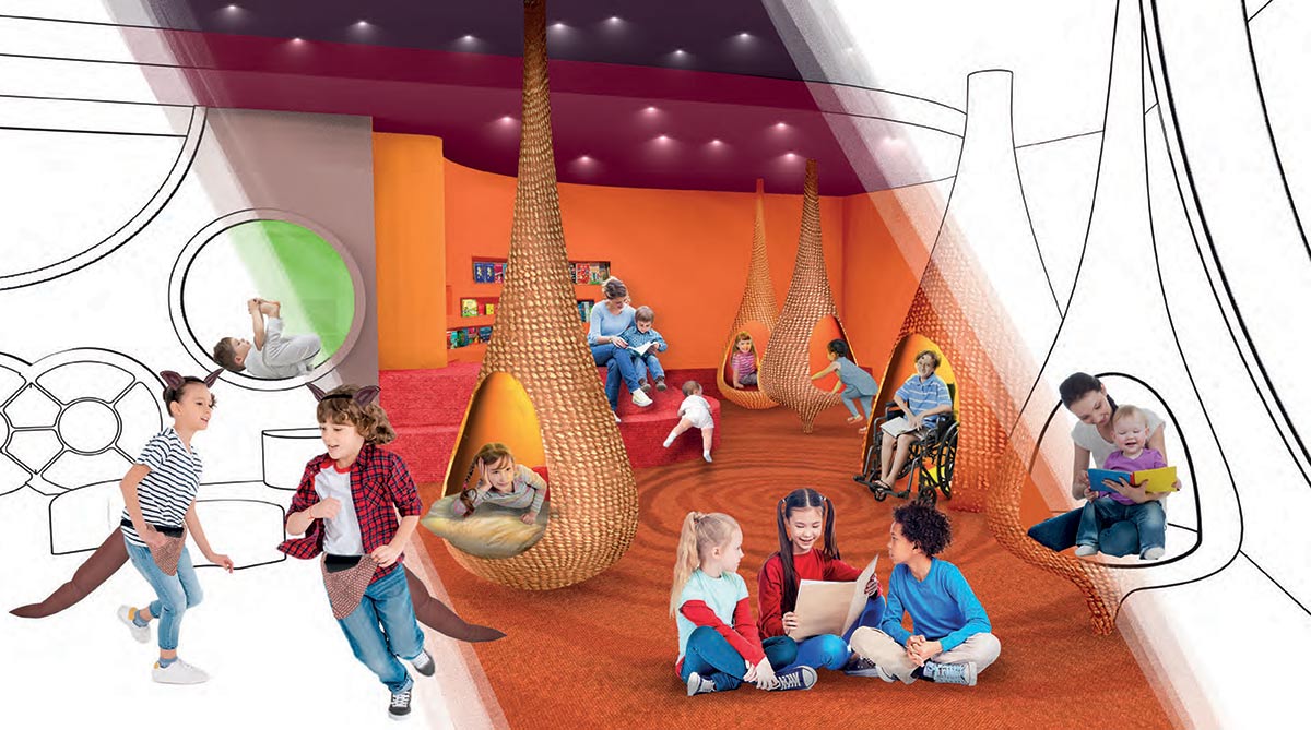 Digital rendered image of a modern exhibition space with children and carers interacting with pod shaped vessels, costumes and books.