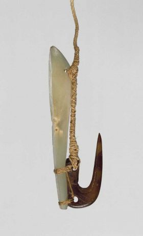 Fishhook mata’u Fishhook with mother-of-pearl shank, the hook made of tortoiseshell, both secured together with twisted cord of plant fibre.