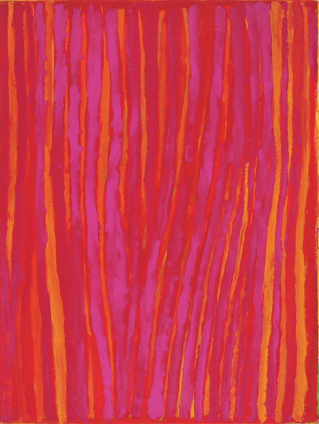 A painting on canvas with purple-pink, yellow, red and orange vertical stripes. The central section has less yellow and orange, and in the lower part the stripes are closer together and converge towards the centre bottom edge.