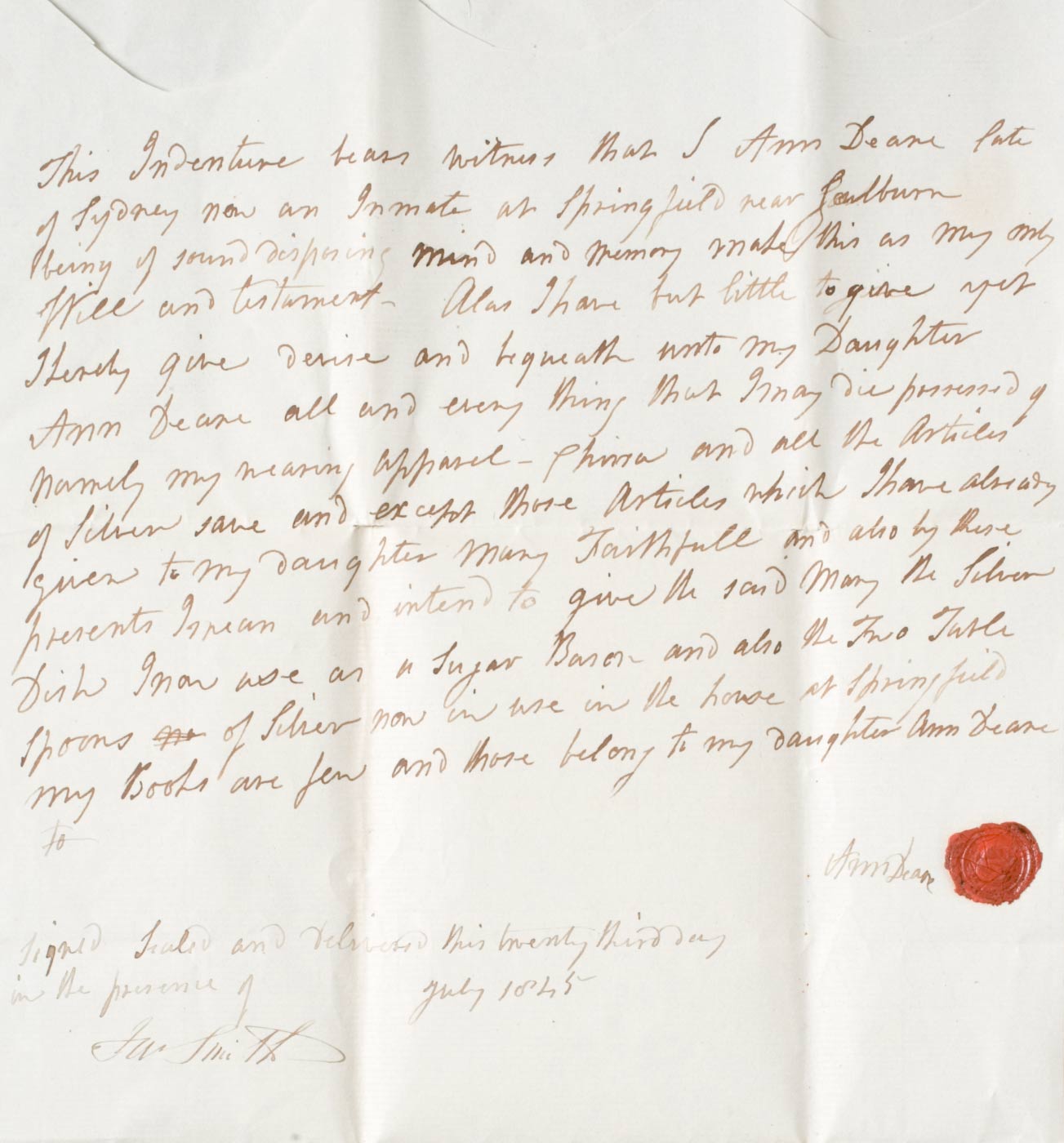 Ann Deane's handwritten will, July 1845.