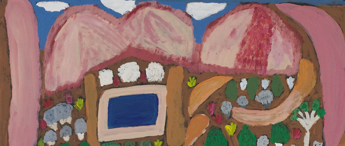 A square multicoloured painting on canvas with a blue rectangle outlined in beige towards the centre. Behind it are pink toned mountain-like shapes with a blue sky and white clouds. The painting has tree motifs in white and green, and bush like shapes in green with three large and a few small orange, grey and cream rock-like motifs around and below the blue square. The painting has an orange-brown line across the painting with other diagonal lines extending from or below it. There are two blue circles surrounded by brown and orange borders in the lower part of the painting.