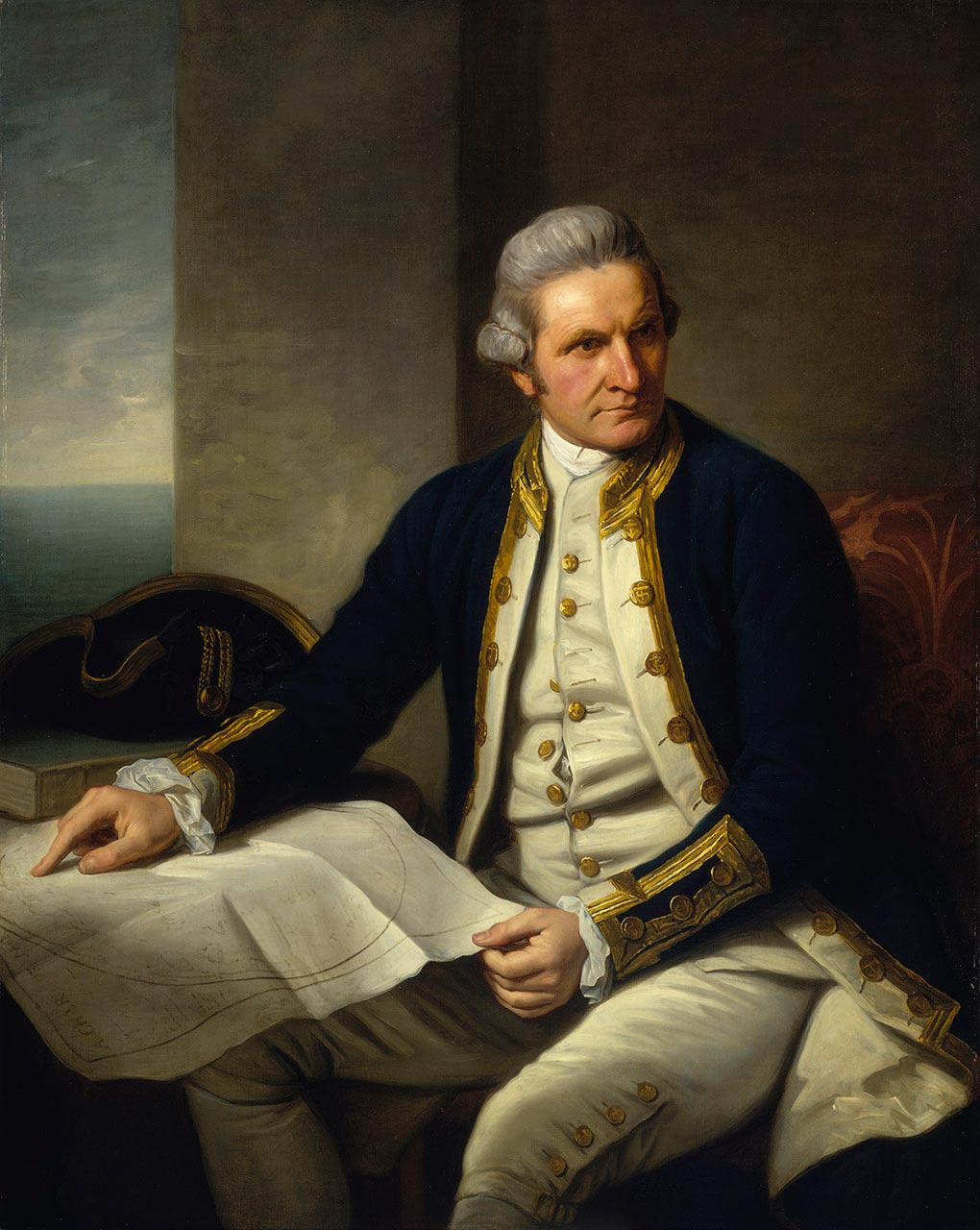 Oil painting showing a British naval captain, seated beside a small table, gazing to the left. The man wears a navy blue coat and off-white breeches and waistcoast, with gold-coloured buttons. His right arm rests on a map, the corner of which he holds in his left hand.