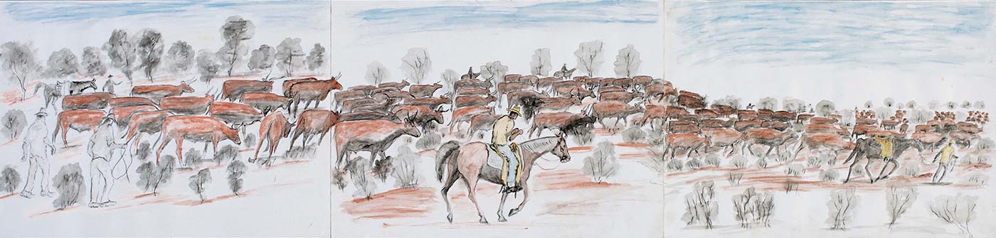 A water colour and pencil work on three sheets of heavy paper joined with adhesive tape on the reverse. The work depicts a herd of brown coloured cattle with men on horseback and men on foot around them. A male figure, centre, wears a yellow hat, beige shirt and blue trousers, and rides a red-brown horse. In the background are trees and foliage in grey or brown against a light blue sky, while in the foreground there are plants in grey on a red ground. At the left edge the page is uneven where it has been torn from a spiral bound pad. There is a piece of the same paper that sits inside the work when it is folded up.