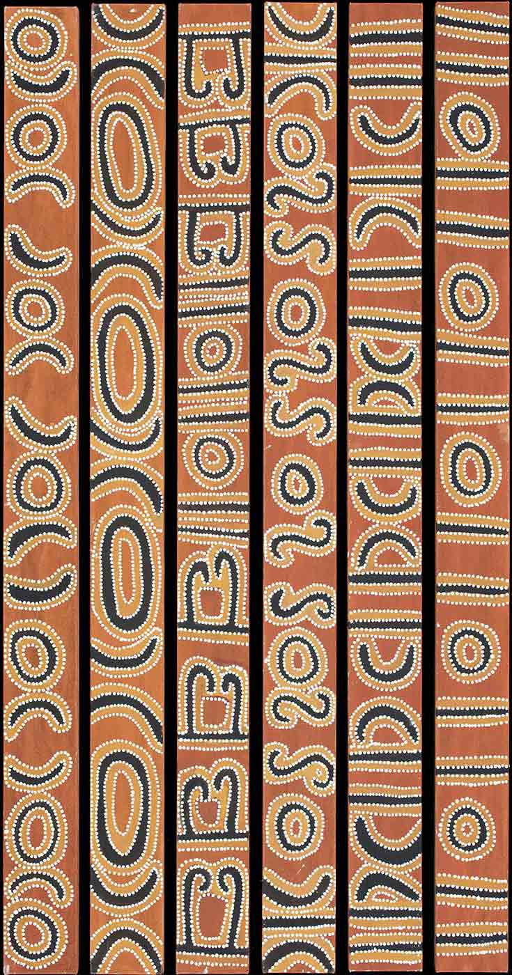 An six panel dot and line painting on canvas. The granulated background is a red/brown colour, overpainted with mustard and black geometric designs bordered with white dots.