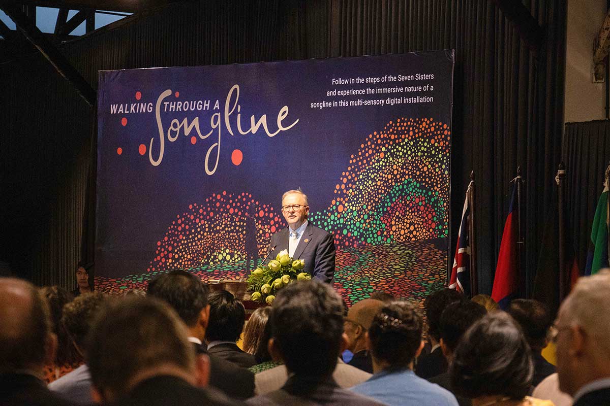 Prime Minister Anthony Albanese speaks to a crowd of people at the launch of Walking through a Songline.