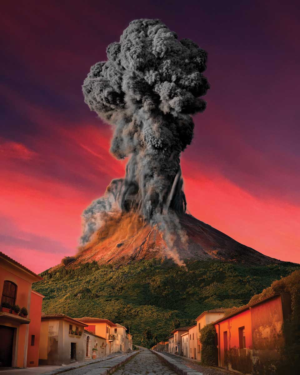 Graphic showing an image of a volcano erupting above a Pompeii streetscape.