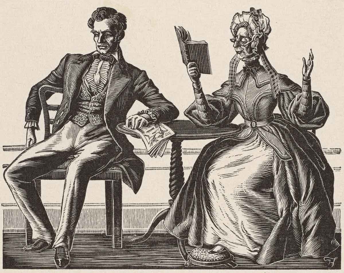 Engraving of Victorian era scene in which an older woman sits at a table reading a book to a younger man