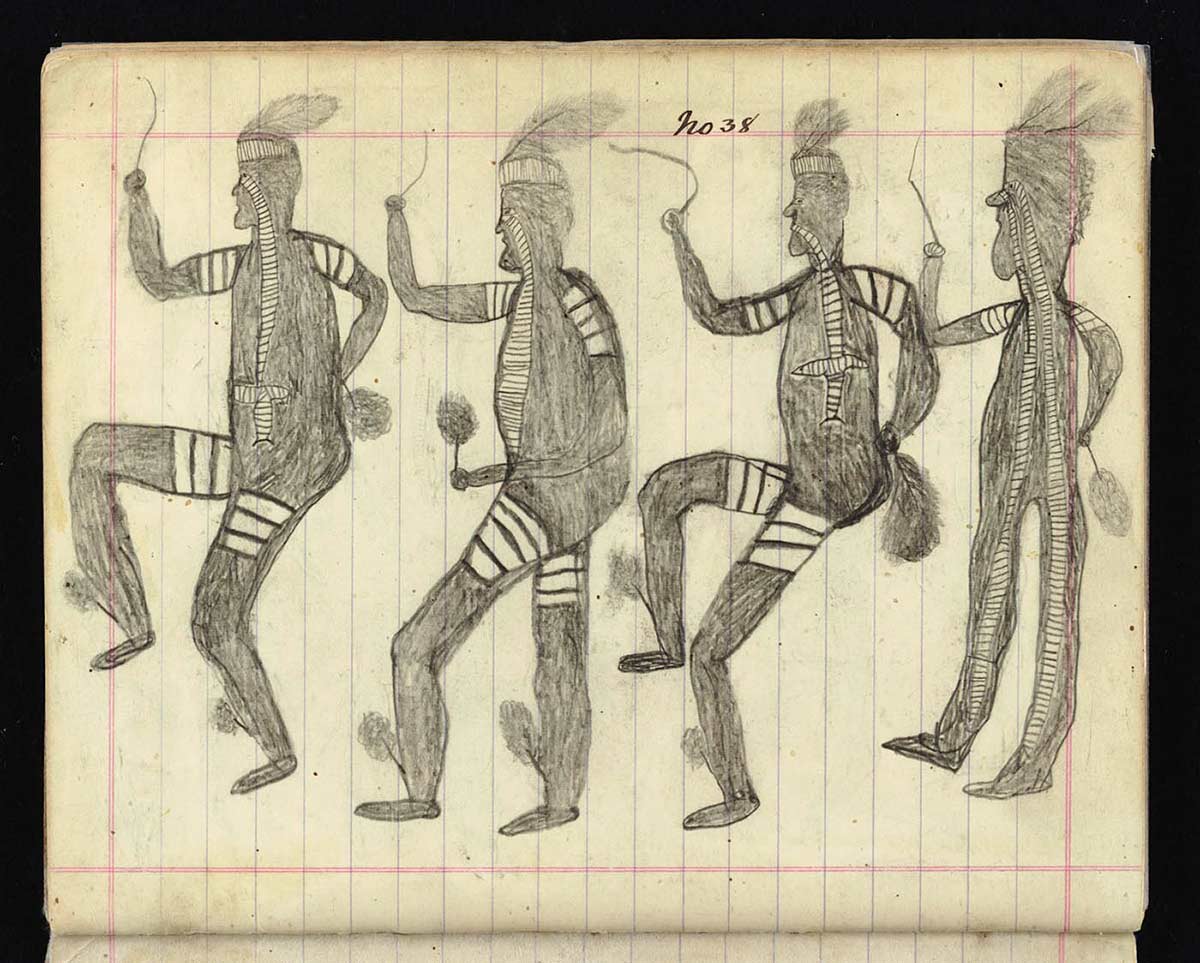 Page from notebook headed 'No.38' and depicting four male figures in costume, dancing.