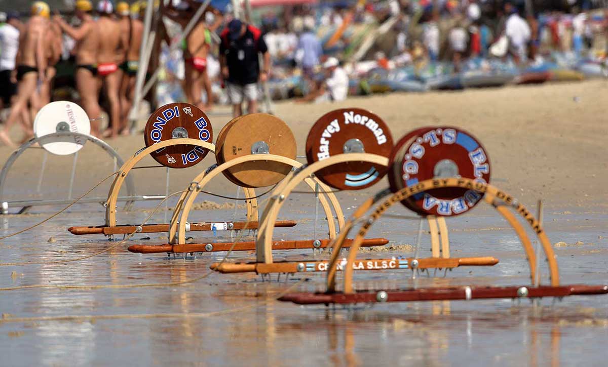Surf-reels on the beach at the Australian Surf Life Saving Championships, Kurrawa, Queensland, 2006.