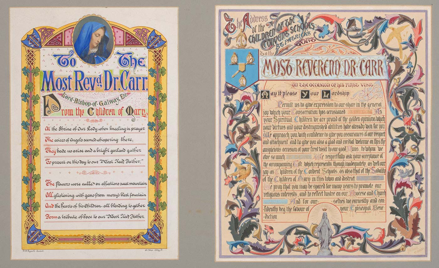 Page from a religious-themed book featuring calligraphy, ornate borders and illustrations.