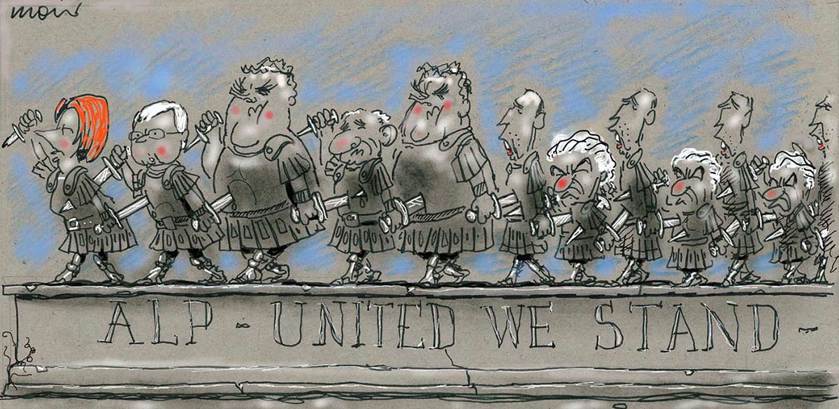 Political cartoon depicting previous and current Australian Labor Party leaders as Roman soldiers. They all stand in a line, facing the same direction. The line features Paul Keating, Bob Hawke, Kim Beazley, Simon Crean, Kevin Rudd and Julia Gillard. Each carries two knives; one is thrust into the person behind them while the other is thrust into the back of the person in front of them. There are multiple Paul Keatings and Bob Hawkes, and at least two Kim Beazleys. Under the line, written on a stone facade, is 'ALP – United We Stand'.