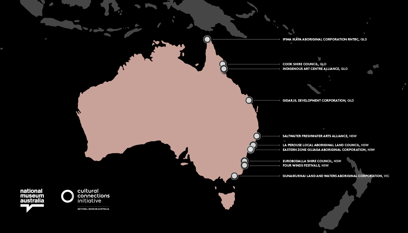 A graphic map showing the names of the National Museum of Australia's Cultural Program Partners and their locations on the east coast of Australia.