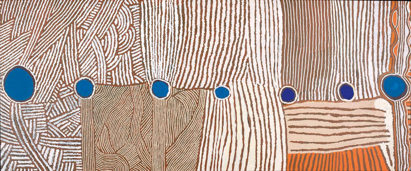An acrylic circle and line painting on linen, featuring seven blue circles painted along the artwork at equidistant points. The rest of the painting illustrates clusters of orange, brown, tan and white lines.