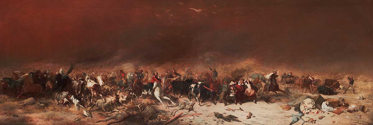 Oil painting depicting scenes of disaster with people and animals fleeing from thick black smoke. Corpses and bones of animals can be seen in the foreground.