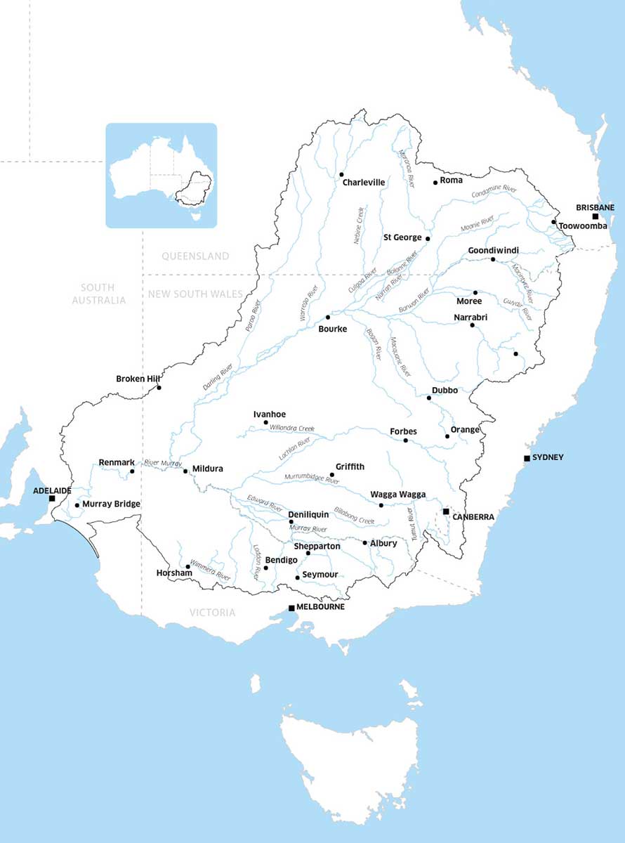 Map of the south eastern section of Australia that shows the boundary line of the Murray-Darling Basin.