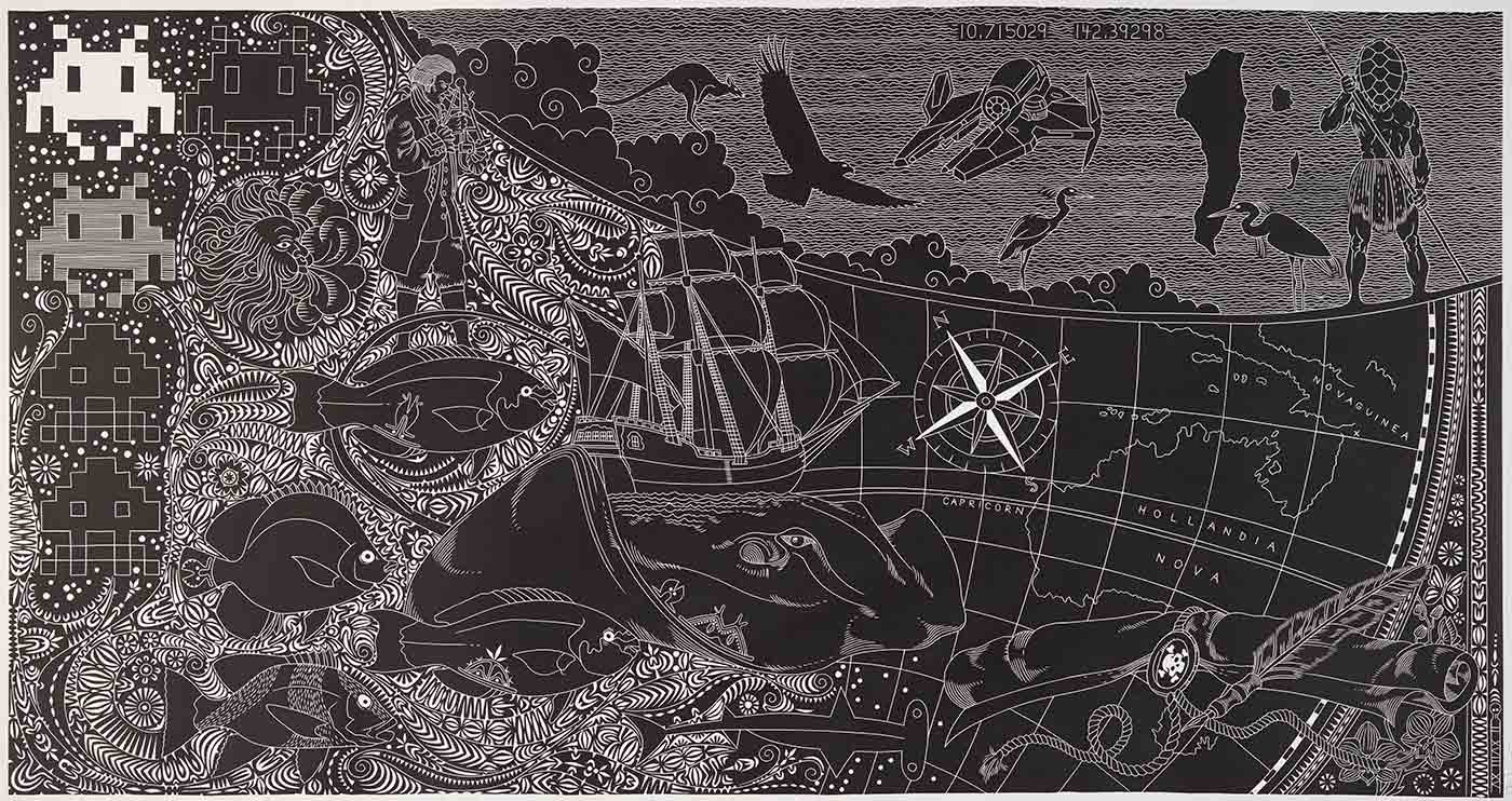 A black and white linoprint, featuring various motifs some of which include, fish, a map, a kangaroo, birds, and a figure holding a spear with a tortoise shell as the head.