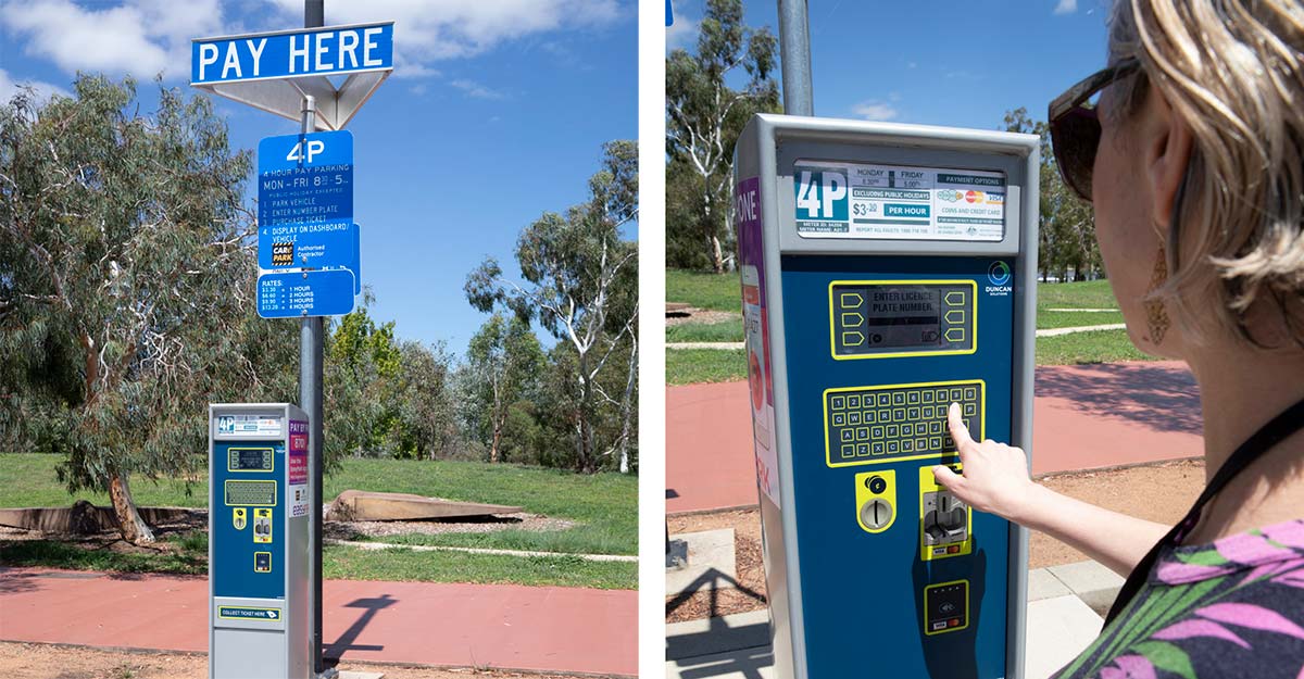 Composite of an image of a pay parking ticket machine on the left and an image of a woman operating the machine on the right.