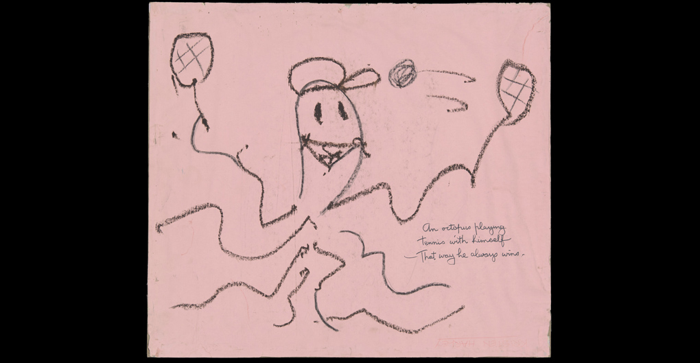 A finished squiggle on pink paper glued to card. The squiggle features an octopus wearing a cap, swinging a ball between two tennis racquets held in two of its tentacles. 