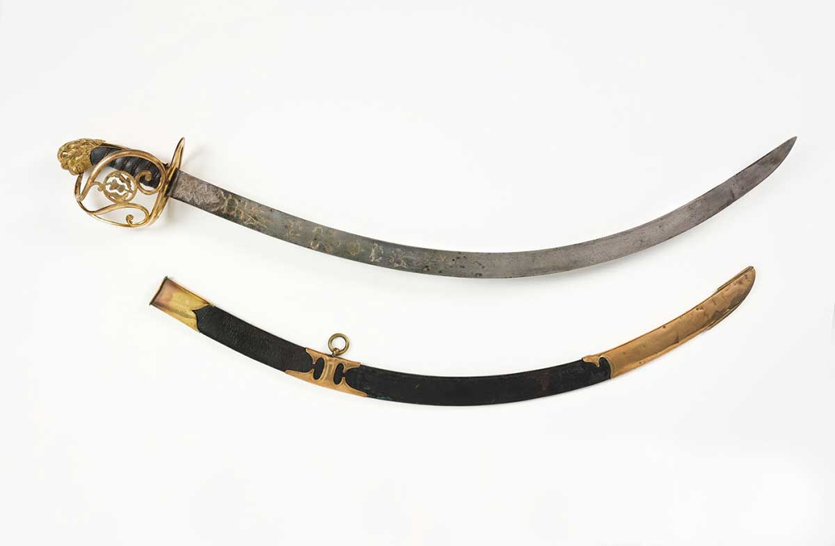 The hand grip of an 1803 military sword is of wood covered in fishskin bound with wire, and it is capped by a lion's head pommel. It is guarded by a squarish gilded brass half basket hilt, composed of a cross guard linked to the pommel by a knuckle bow and two curved bars.