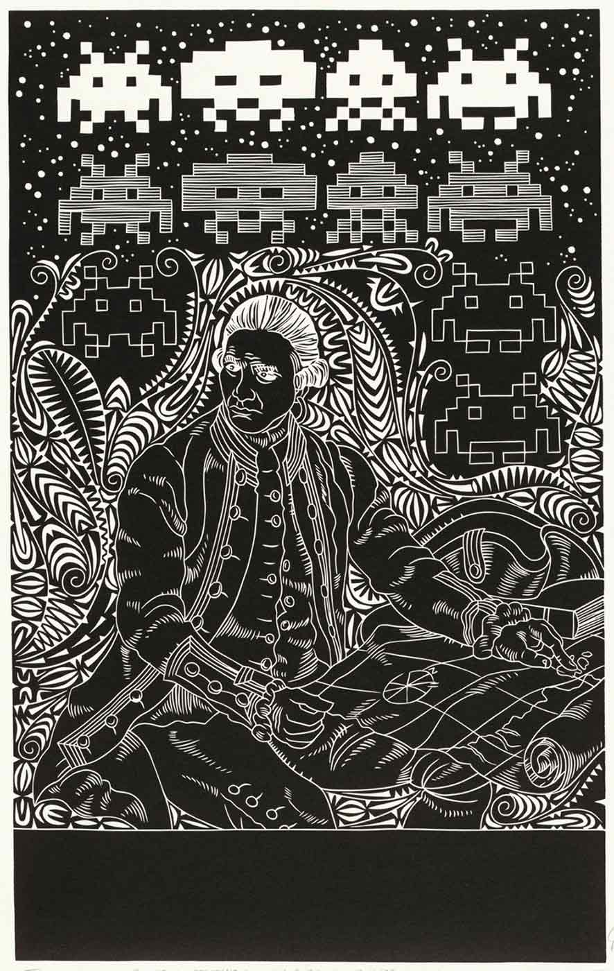 A black and white linocut featuring an image of a man seated and holding a map. The man is surrounded by organic motifs from the Torres Strait. The background comprises rows of Space Invaders, a 1980's popular computer game motif.