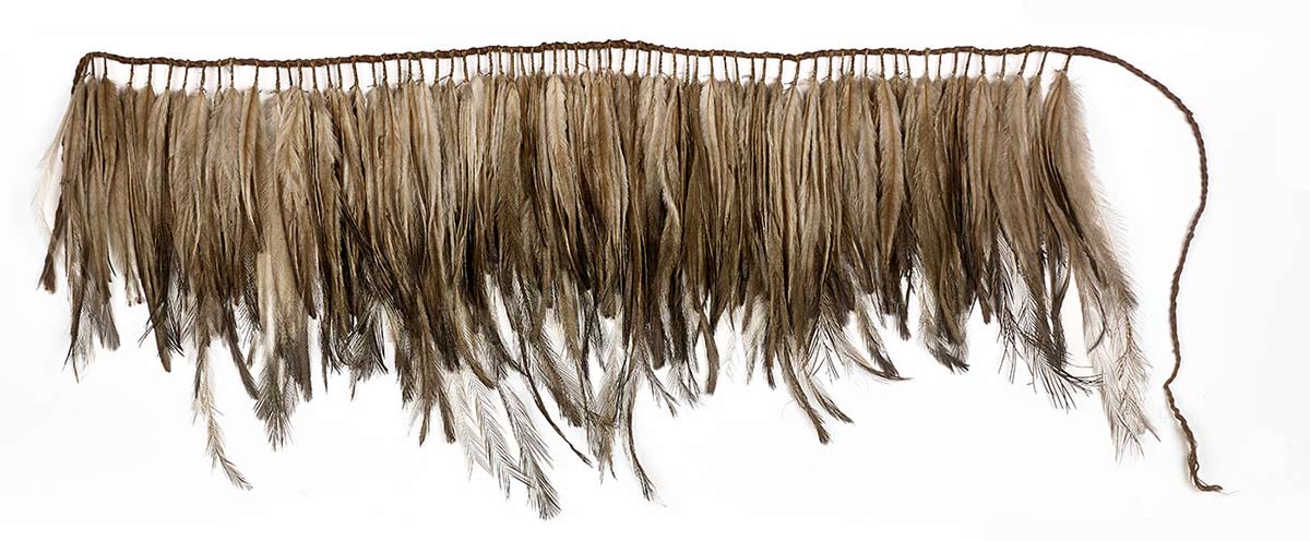 A short apron made from one hundred and twenty nine small bunches of feathers, held together at their quill ends with fibre and then wrapped around a fibre suspension cord.